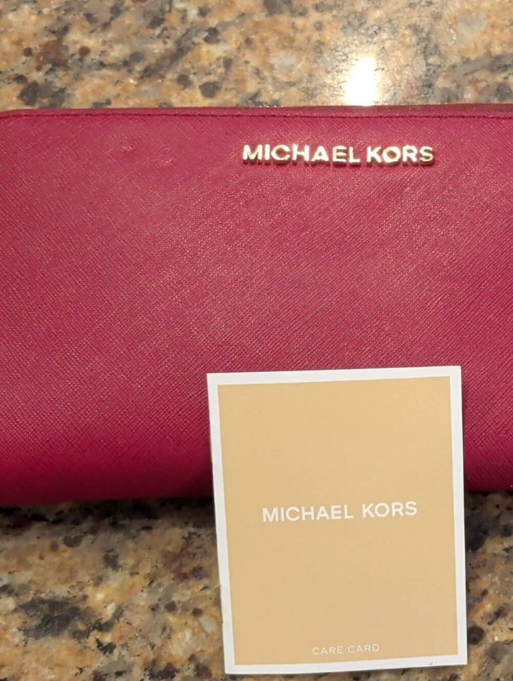 Michael Kors Saffiano Zip Card Holder in Deep Red with Gold Logo